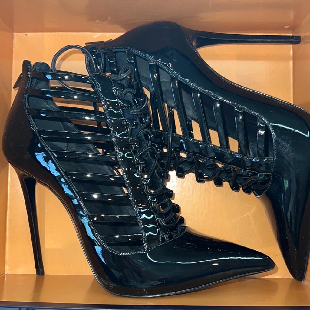 Le Silla. Le Silla Patent Leather Cage Ankle Boots. As Seen On Gigi Hadid
